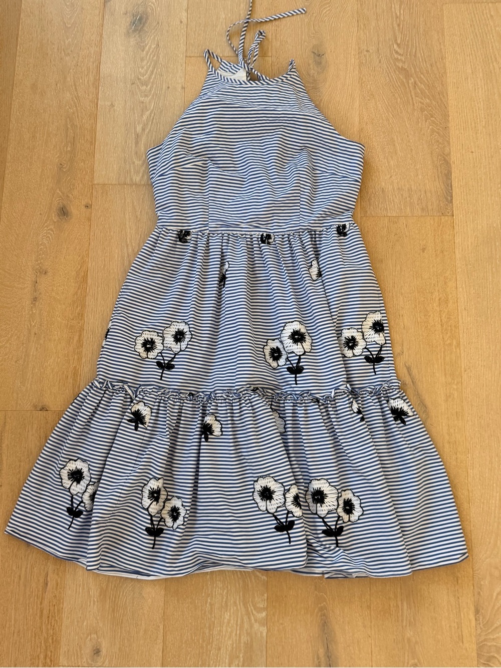 Eliza J Blue & White Striped Halter Dress with Black Floral Embroidery